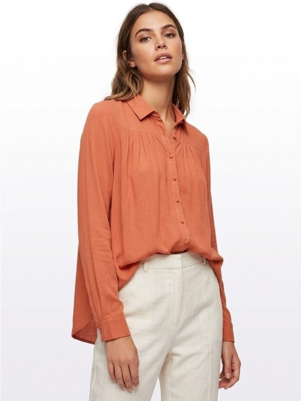 Forever 21 Rustic Orange Long Sleeve Blouse Size Small Covered Buttons